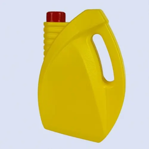 Angled view of sunflower yellow 2 liter HDPE oil container with integrated carry handle.
