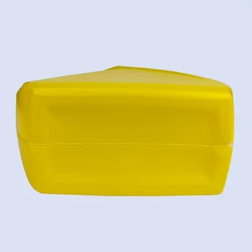 Bottom view of sunflower yellow 2 liter HDPE packaging container for lubricant products.