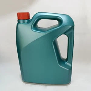 Front view of a teal 3.5 liter HDPE automotive oil container with double handle.