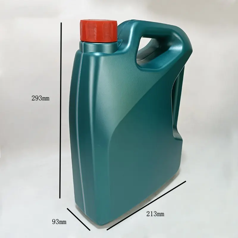 Dimension view of a teal 3.5 liter HDPE engine oil bottle with double handle for lubricant packaging.