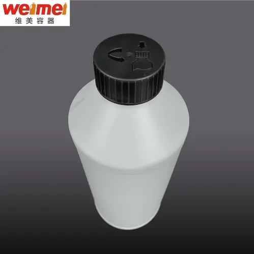 Close up of black child resistant cap on white HDPE engine oil bottle.
