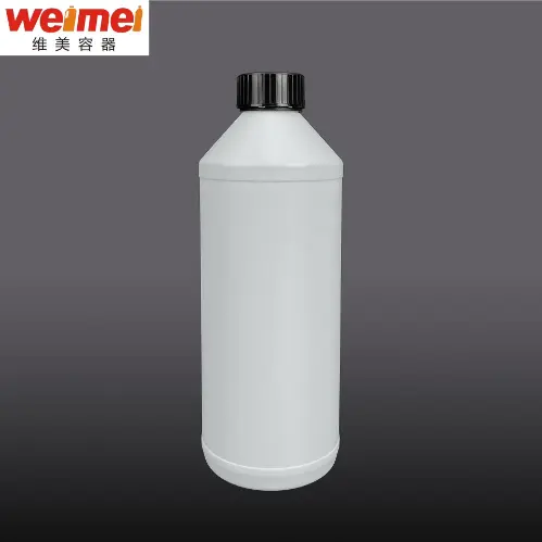 White 1.5 liter HDPE antifreeze and engine oil bottle with black child safety cap.