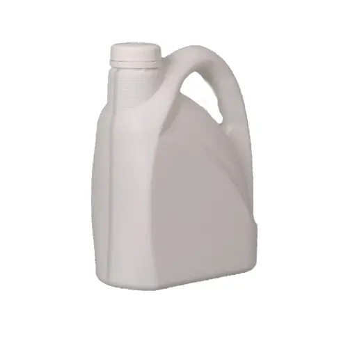 White 2 liter HDPE motor oil bottle with molded handle for automotive lubricant packaging.