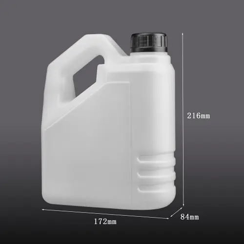 White 2 liter HDPE oil bottle with dimensions and integrated carrying handle.