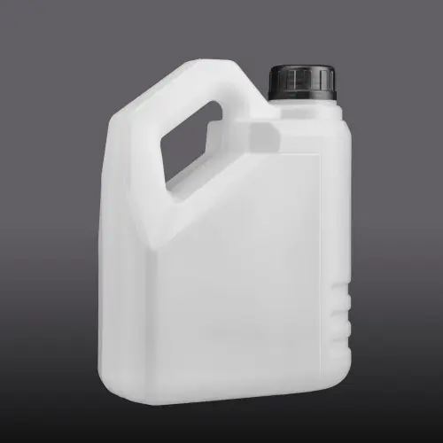 Angled view of white 2 liter motor oil container with ergonomic handle and screw cap.