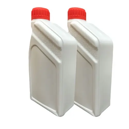 Perspective view of two white HDPE automotive oil bottles showing durable rectangular body design and textured grip area