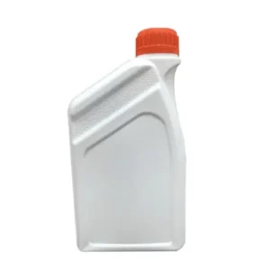 Front view of 1 liter white HDPE engine oil container featuring textured shoulder grip and large label panel