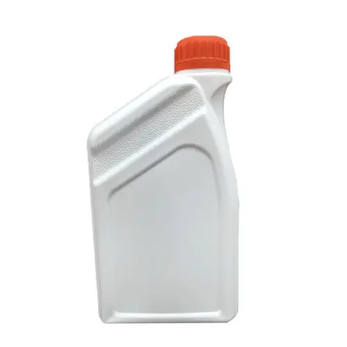 Front view of 1 liter white HDPE engine oil container featuring textured shoulder grip and large label panel