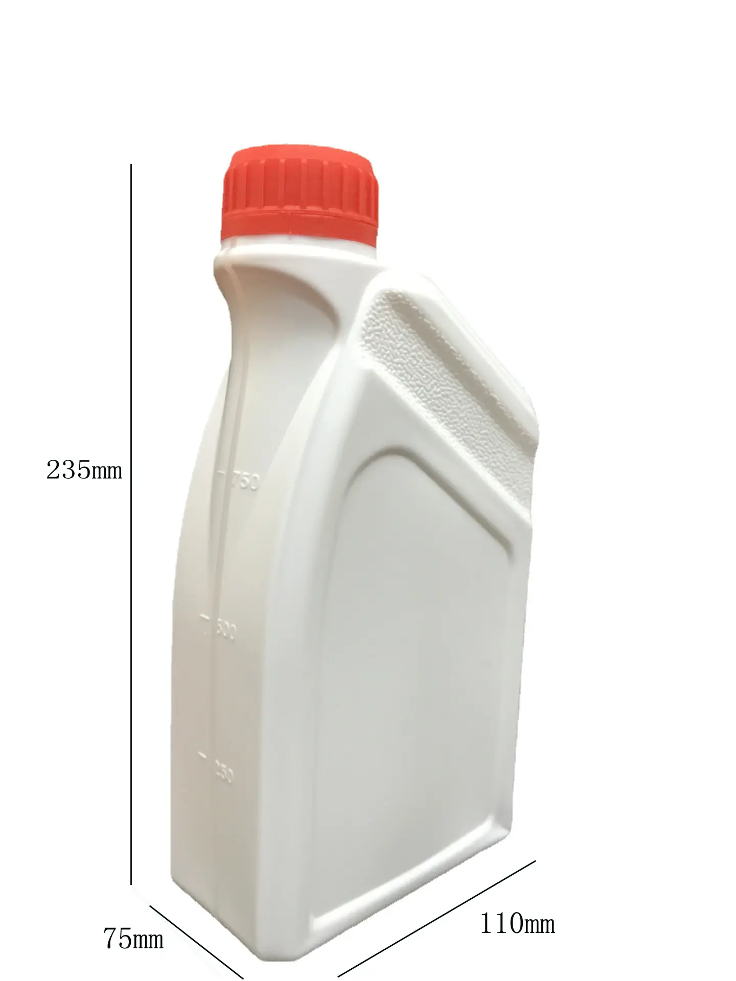 Dimension view of 1 liter white HDPE engine oil bottle with red screw cap measuring 235mm height, 110mm width and 75mm depth