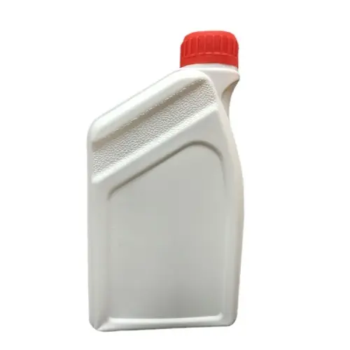 Side angle view of white plastic lubricant bottle with ergonomic shape and red cap closure