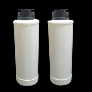 Pair of white 1 liter lubricant bottles with black dispensing caps