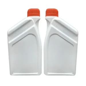 white-motor-oil-bottles-front-display Front display of two white plastic motor oil bottles with red caps designed for automotive lubricant packaging