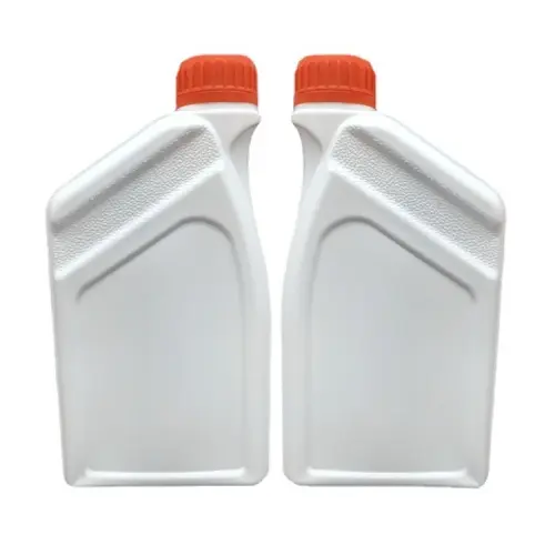 Front display of two white plastic motor oil bottles with red caps designed for automotive lubricant packaging