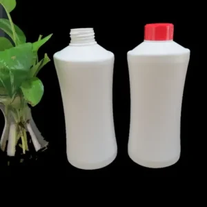 1 liter white plastic oil measuring bottle shown with open neck and red screw cap
