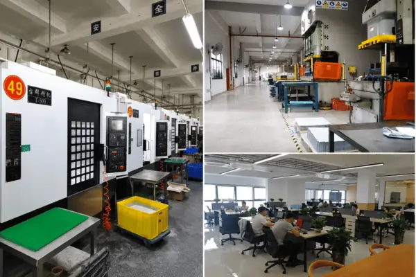 Manufacturing facility collage with production machines, factory floor, and office workspace in Xiamen China
