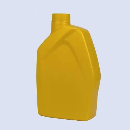 Angled view of yellow HDPE engine oil bottle with induction seal neck