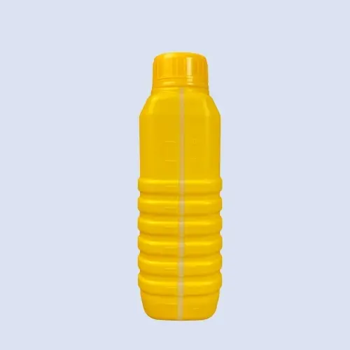 Side view of 1 liter yellow HDPE engine oil bottle with grip rings