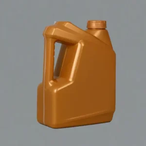 Front angled view of a 4 liter amber HDPE plastic oil container with ergonomic handle for engine oil, lubricants, and automotive fluid packaging.