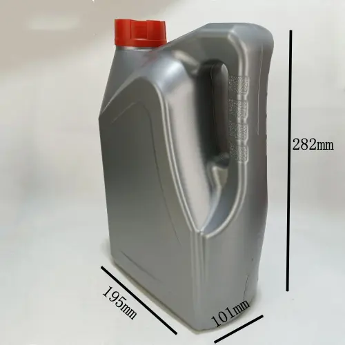 Dimension view of a silver 4 liter HDPE plastic container for engine cleaner, motor oil, and automotive fluids.