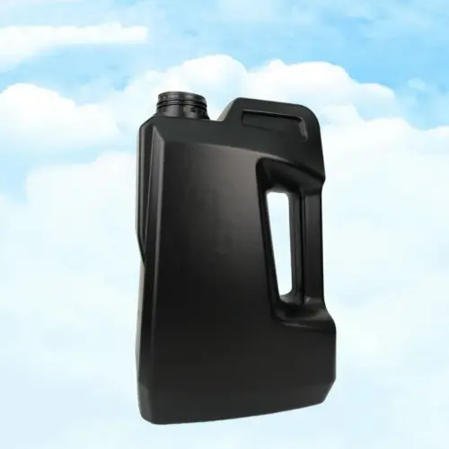 Front angled view of a 4 liter black HDPE plastic engine oil bottle with integrated handle for lubricant and motor oil packaging.