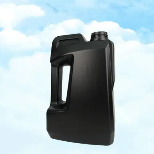 Angled side view of a 4 liter black HDPE plastic bottle designed for engine oil, motor oil, and industrial lubricant filling.