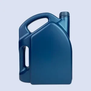 Side view of a 4 liter blue HDPE plastic bottle with double handle for automotive lubricant, motor oil, and fluid packaging.