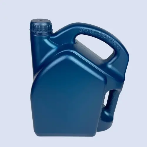 Front angled view of a 4 liter blue HDPE double handle plastic engine oil bottle for automotive lubricants and motor oil packaging.