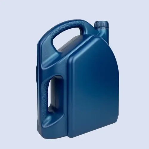 Rear angled view of a 4 liter blue HDPE dual handle plastic container designed for engine oil and industrial lubricants.