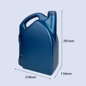 4l blue hdpe lubricant container dimensions Dimension view of a 4 liter blue HDPE lubricant container with dual handles for engine oil and automotive fluid packaging.