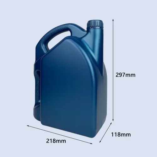 Dimension view of a 4 liter blue HDPE lubricant container with dual handles for engine oil and automotive fluid packaging.
