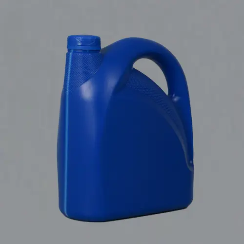 Front angled view of a 4 liter blue HDPE plastic lubricant bottle designed for engine oil, motor oil, and automotive fluid packaging.