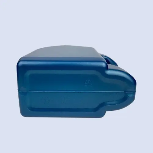 Bottom view of a 4 liter blue HDPE motor oil bottle showing the durable base design for lubricant packaging applications.