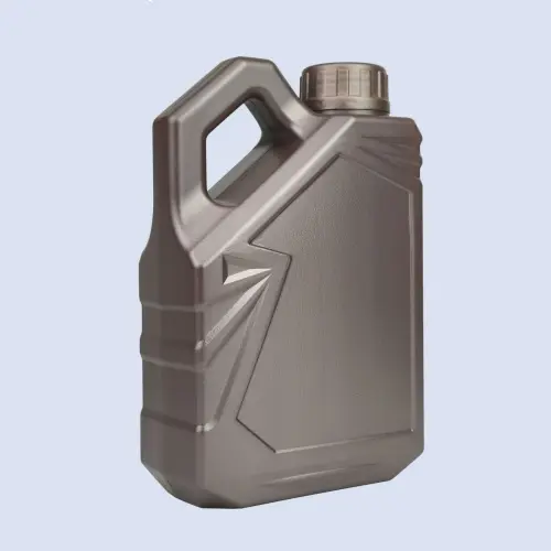Angled view of a 4 liter bronze HDPE square engine oil bottle with integrated handle for automotive lubricant applications.