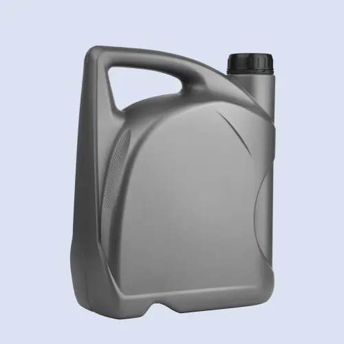 Angled side view of a 4 liter HDPE motor oil container with comfortable carry handle and smooth pouring design.
