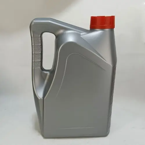 Side view of a 4 liter HDPE engine oil container with textured grip handle for convenient carrying and pouring.