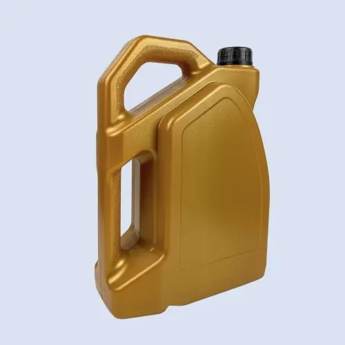 Rear angled view of a 4 liter gold HDPE plastic container with integrated handle for automotive lubricants, motor oil, and industrial fluids.