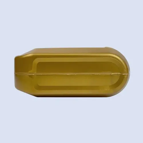 Bottom view of a 4 liter gold HDPE plastic engine oil container showing reinforced molded base for stable storage.
