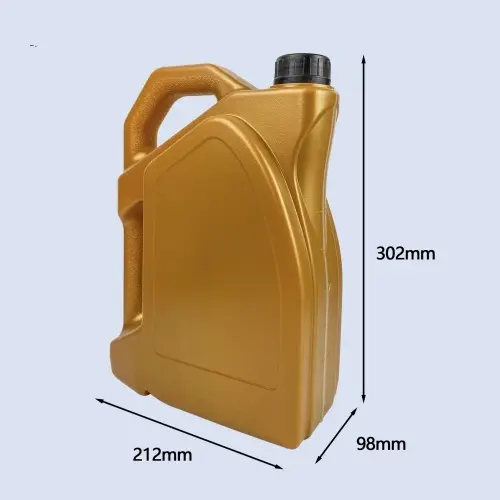 Front angled view of a 4 liter gold HDPE plastic engine oil bottle with ergonomic handle for automotive lubricant and motor oil packaging.