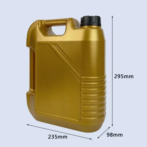 Dimension view of a 4 liter gold HDPE plastic engine oil bottle for automotive lubricants with ergonomic carry handle.