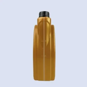 4l gold hdpe motor oil bottle side view Side profile of a 4 liter gold HDPE motor oil bottle with volume markings for lubricant, transmission oil, and automotive fluid packaging.