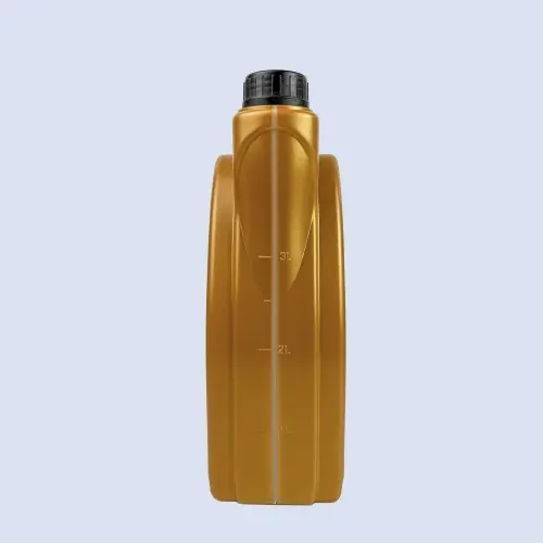 Side profile of a 4 liter gold HDPE motor oil bottle with volume markings for lubricant, transmission oil, and automotive fluid packaging.