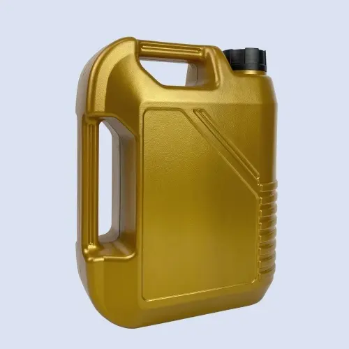 Angled side view of a 4 liter gold HDPE plastic motor oil bottle with integrated handle for easy carrying and pouring.