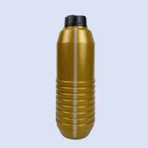 4l gold hdpe plastic engine oil bottle front view Front view of a 4 liter gold HDPE plastic engine oil bottle with ribbed lower body and black screw cap for automotive lubricant packaging.