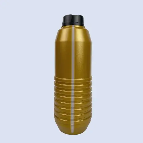Front view of a 4 liter gold HDPE plastic engine oil bottle with ribbed lower body and black screw cap for automotive lubricant packaging.