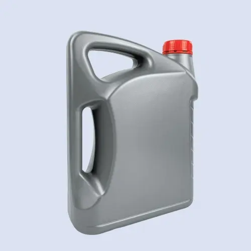 Angled side view of a 4 liter gray HDPE plastic motor oil bottle with integrated double handle for comfortable pouring.
