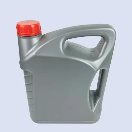 Front view of a 4 liter gray HDPE plastic engine oil bottle with double handle design for automotive lubricants and motor oil packaging.