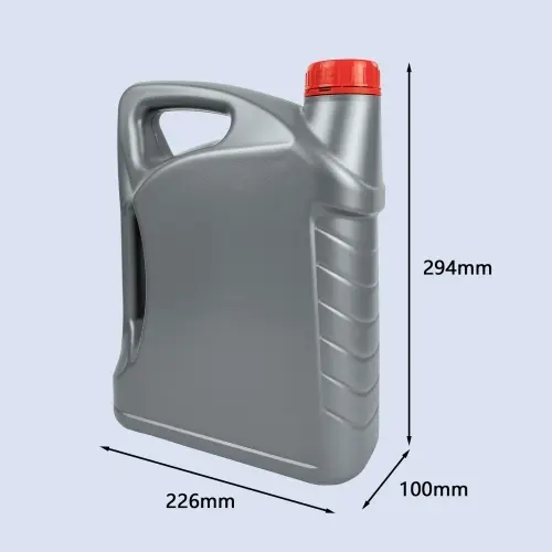 Dimension view of a 4 liter gray HDPE engine oil container with ergonomic double handle and secure screw cap.