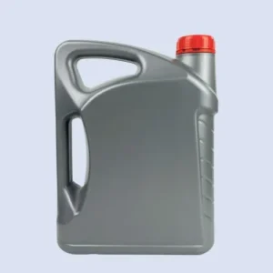 Front-facing 4 liter gray HDPE plastic bottle designed for engine oil, automotive lubricants, transmission fluids, and industrial oil packaging.