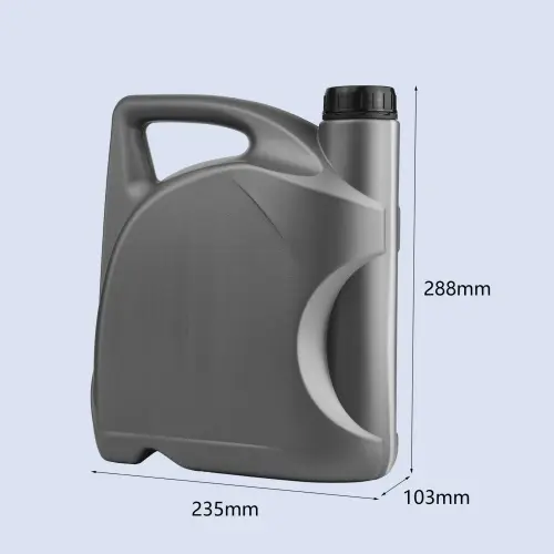 Front view of a 4 liter HDPE plastic engine oil bottle with curved body, ergonomic handle, and foil seal compatible neck.