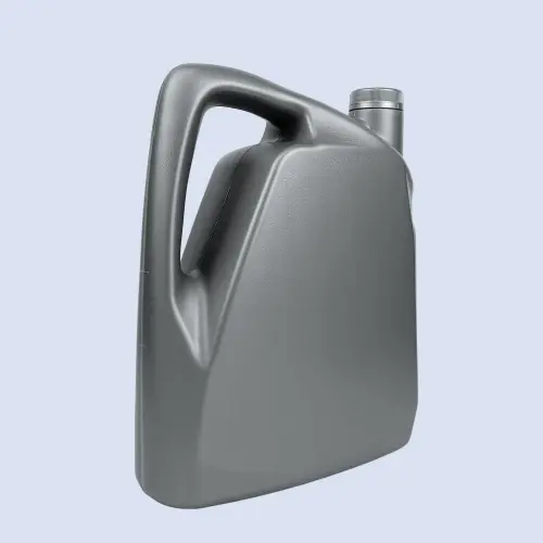 Rear angled view of a 4 liter grey HDPE automotive oil container with ergonomic single handle for industrial lubricant packaging.
